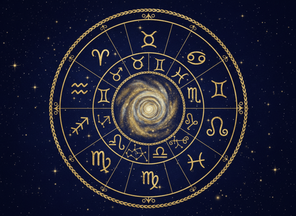 A decorative cosmic zodiac wheel in a dark blue star field with gold accents, no people, no text.