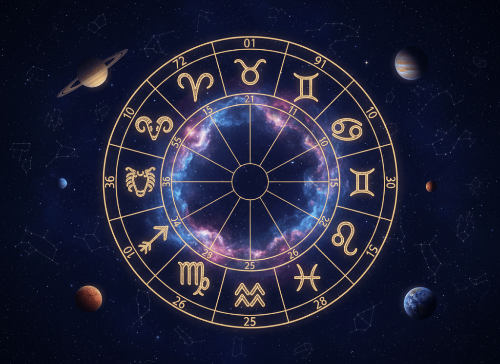 Cosmic zodiac wheel showing the twelve zodiac symbols