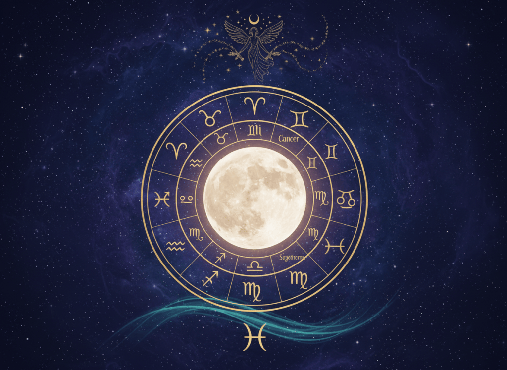 Cosmic zodiac wheel beneath a luminous full moon for the 26 September 2026 daily horoscope.