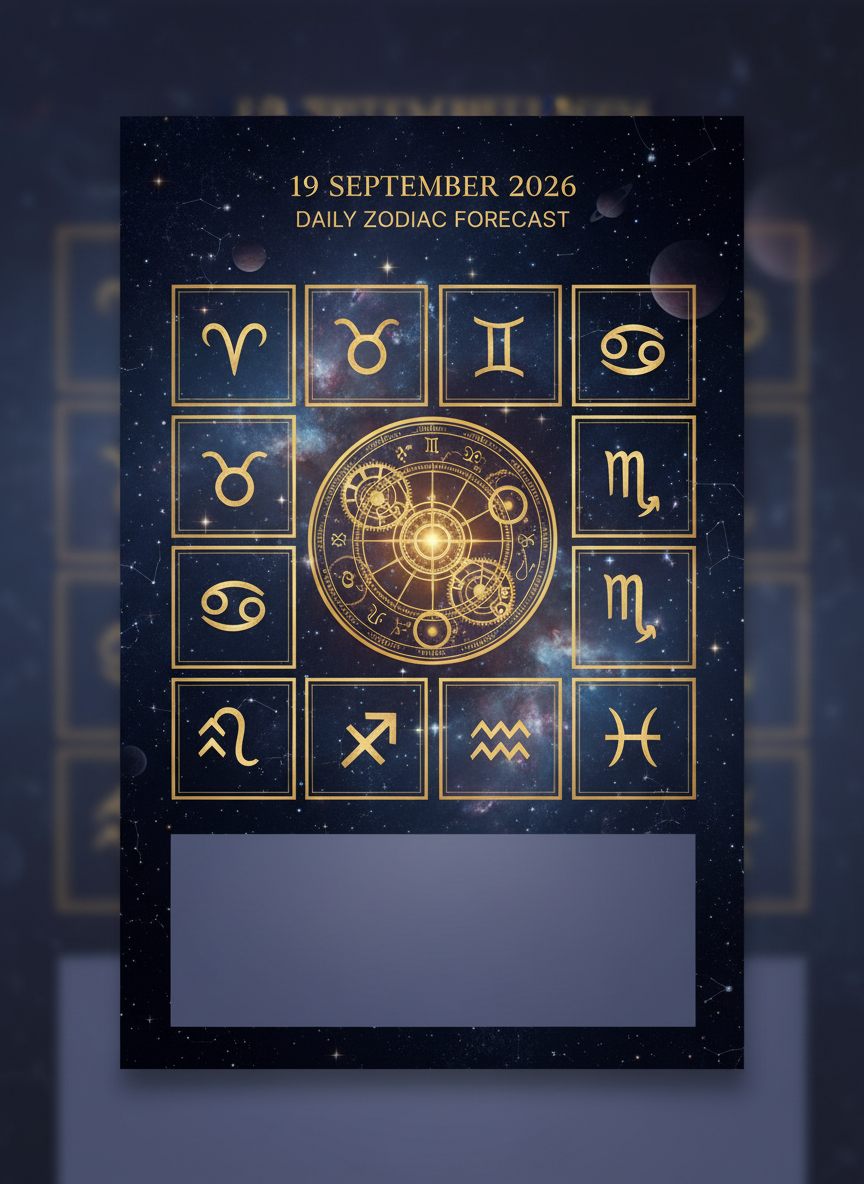Cosmic astrology artwork with zodiac wheel and twelve zodiac symbols for 19 September 2026 daily predictions.