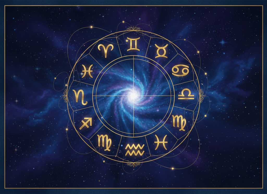 Cosmic zodiac wheel with all twelve zodiac symbols for the daily horoscope on 21 September 2026.