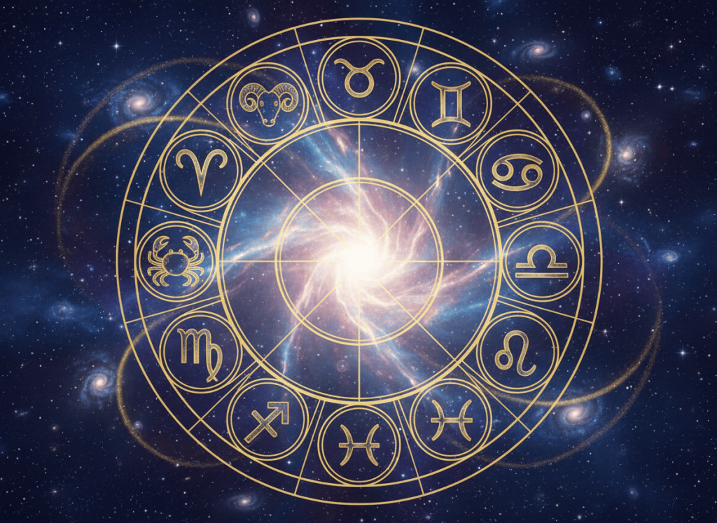 Cosmic zodiac wheel with all twelve zodiac symbols for the daily horoscope on 21 September 2026.
