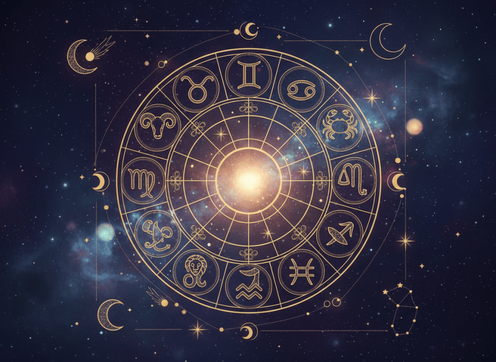 Cosmic twelve zodiac wheel illustration for the daily horoscope predictions.