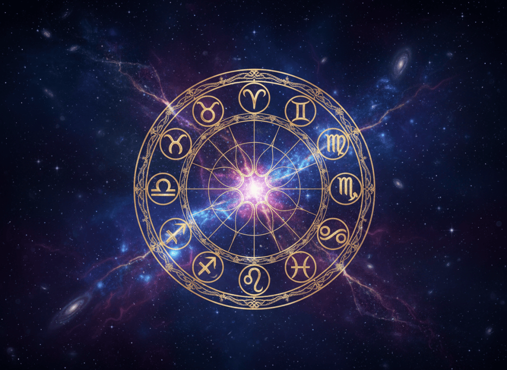 Cosmic zodiac wheel representing daily predictions for all twelve zodiac signs