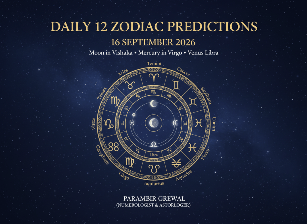 Elegant cosmic astrology infographic for daily horoscope, dated 16 September 2026, widescreen 16:9. Deep indigo and star-field background, refined zodiac wheel with all twelve signs, subtle Moon, Mercury, Venus, Jupiter and Saturn symbols. Large clean heading: DAILY 12 ZODIAC PREDICTIONS. Subheading: 16 SEPTEMBER 2026. Smaller line: Moon in Vishakha • Mercury in Virgo • Venus in Libra. Arrange the 12 zodiac sign names clearly around the wheel: Aries, Taurus, Gemini, Cancer, Leo, Virgo, Libra, Scorpio, Sagittarius, Capricorn, Aquarius, Pisces. Footer: PARAMBIR GREWAL (NUMEROLOGIST & ASTROLOGER). Premium professional presentation, readable typography, balanced spacing, no extra text, no people.