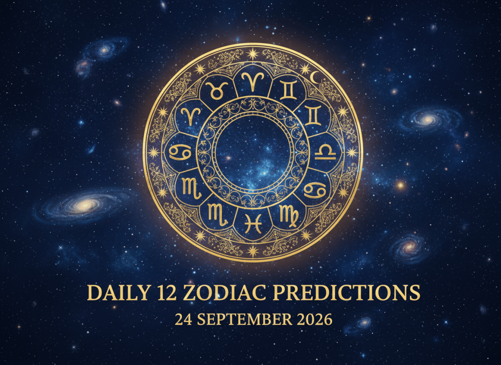 Premium cosmic astrology featured image for a WordPress daily horoscope post. Deep navy starfield, elegant gold zodiac wheel with all twelve zodiac symbols arranged clearly around it, celestial glow, refined professional astrology branding, no logos. Include only this text: DAILY 12 ZODIAC PREDICTIONS — 24 SEPTEMBER 2026.