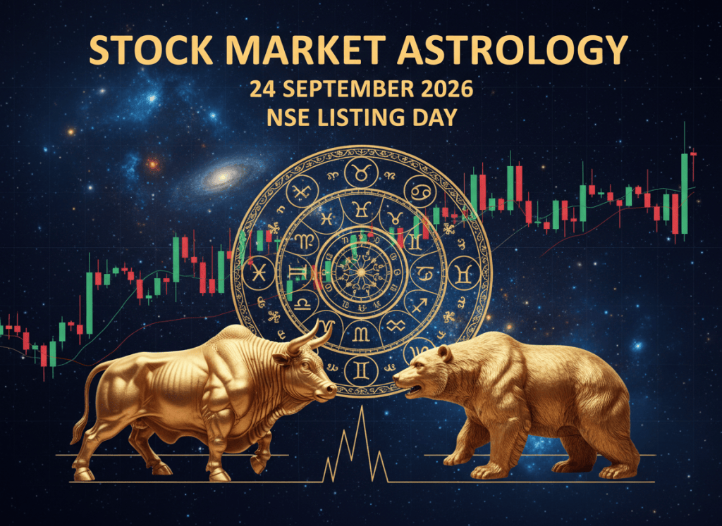 Premium cosmic financial astrology featured image for a WordPress post. Deep navy and black starfield, elegant gold astrology wheel, Indian stock market candlestick chart, strong golden bull and bear facing each other, sophisticated editorial poster style, high readability, no logos. Include only this text: STOCK MARKET ASTROLOGY — 24 SEPTEMBER 2026 — NSE LISTING DAY.