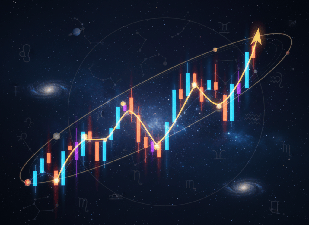 Cosmic astrology and stock market themed illustration with charts and planetary orbits