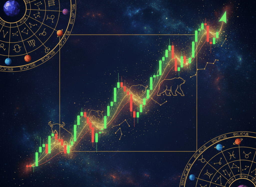 Stock market candlestick chart with bull, bear and cosmic astrology background for 17 September 2026