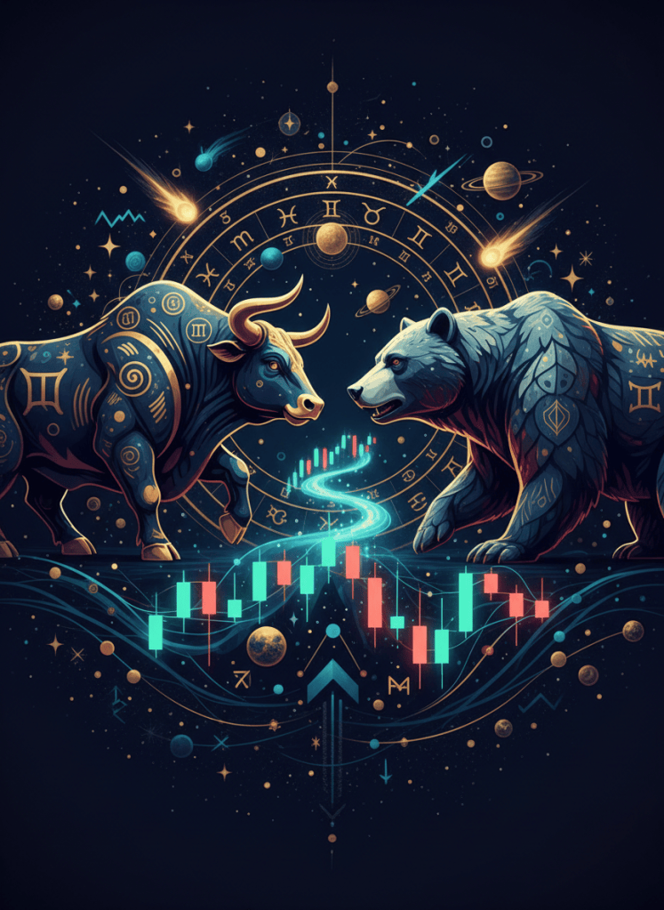 Cosmic stock market astrology illustration with bull, bear, candlestick charts, zodiac wheel and planets for 18 September 2026.
