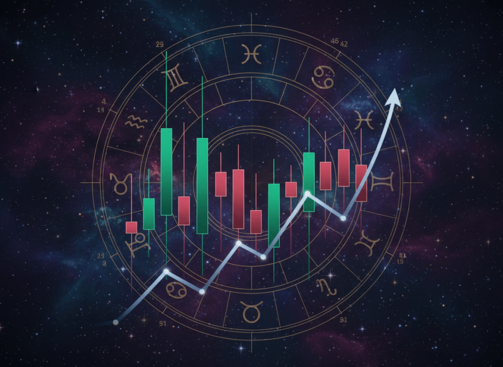 Cosmic stock market illustration with zodiac wheel and candlestick chart for the 21 September 2026 market outlook.