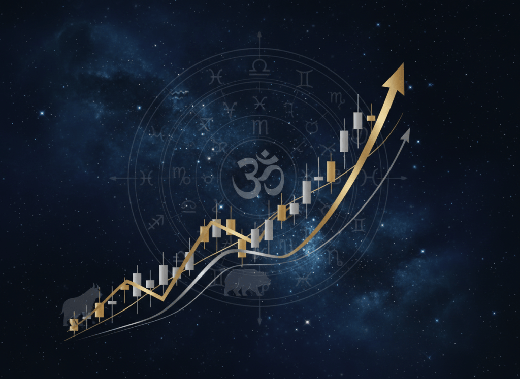 Cosmic stock market illustration with zodiac wheel and candlestick chart for the 21 September 2026 market outlook.