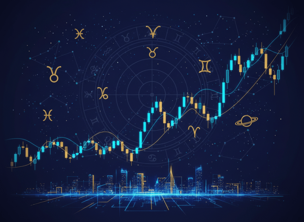 Cosmic stock market astrology illustration with zodiac wheel, planetary symbols and market candlestick chart