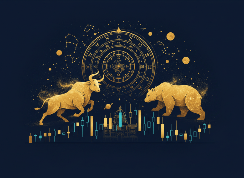 Cosmic astrology themed Indian stock market illustration with zodiac wheel, planets and market chart motifs.