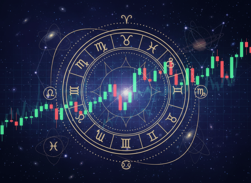 Cosmic stock market astrology illustration with candlestick chart and zodiac wheel