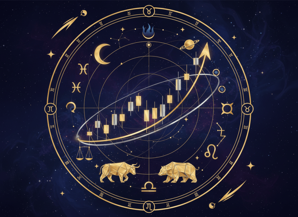 Cosmic stock market astrology illustration for a Sunday market preparation note