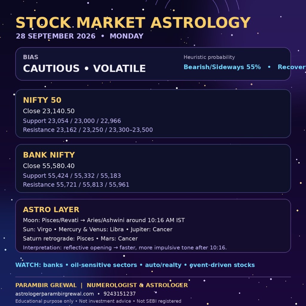 Stock Market Astrology market outlook graphic for 28 September 2026