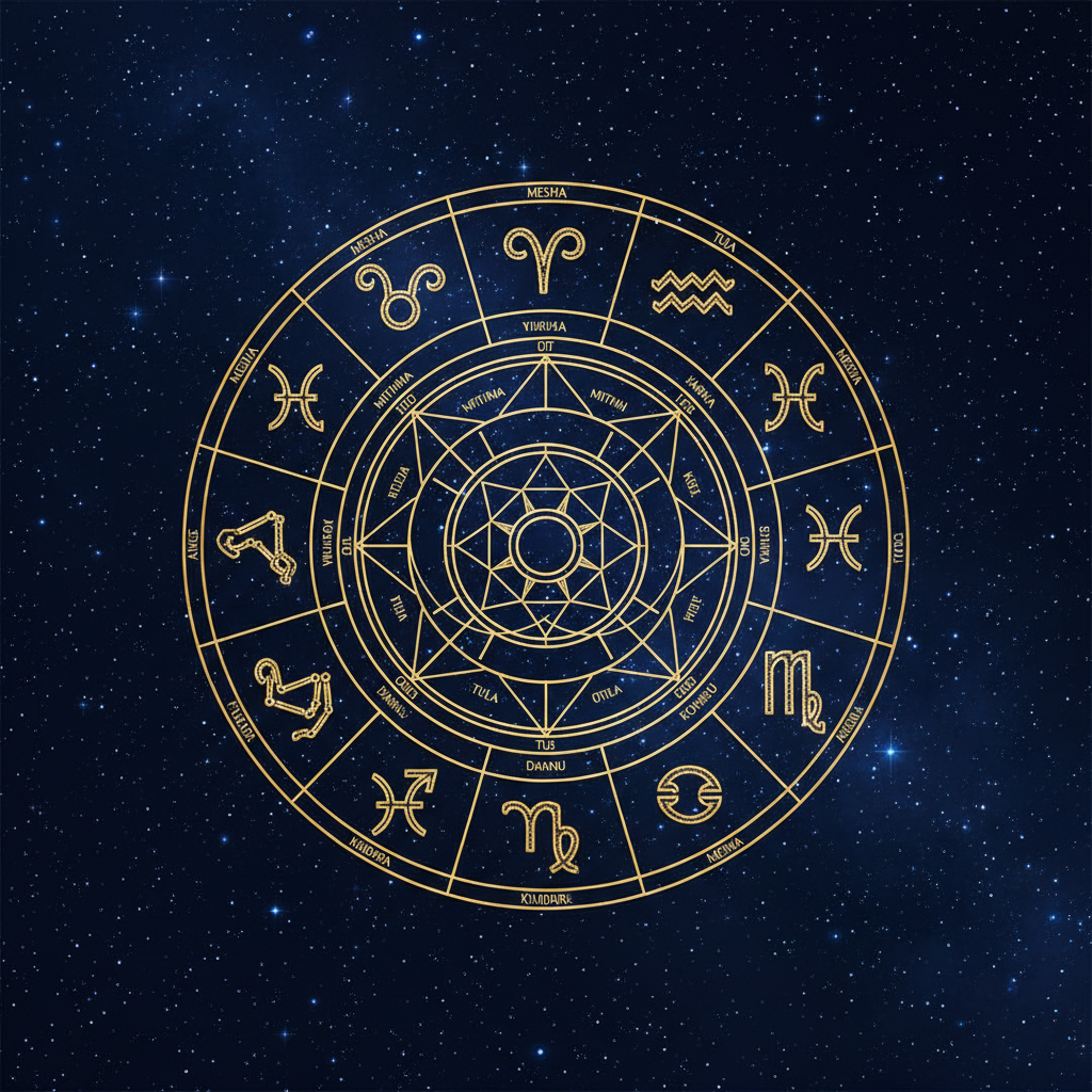Golden twelve-sign zodiac wheel on indigo stars for daily zodiac predictions 28 October 2026