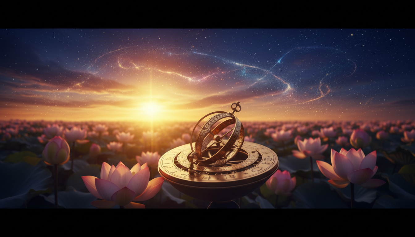 Celestial golden sunrise with lotus and astrolabe for the Daily Message 28 October 2026