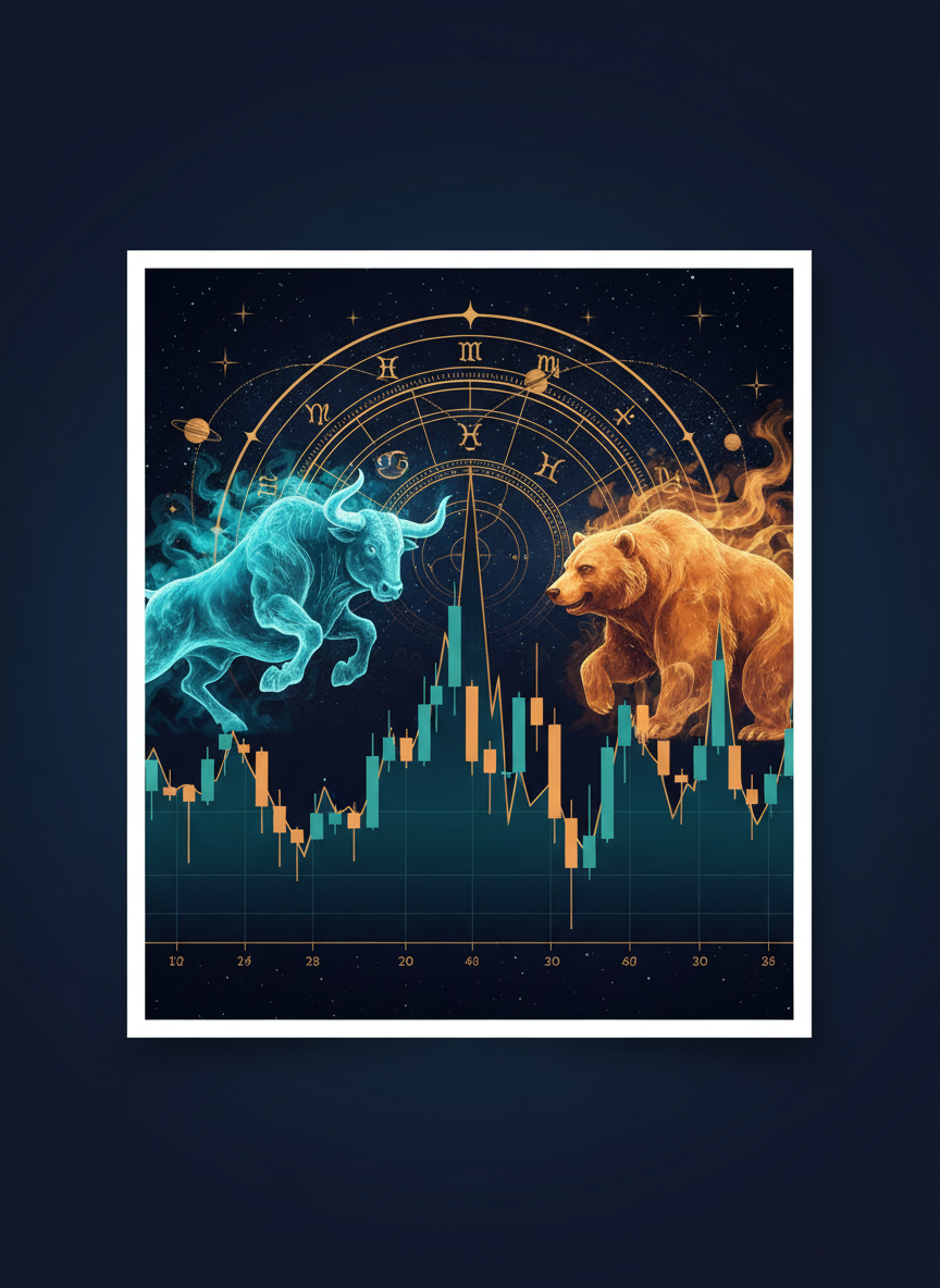 Cosmic financial illustration with a glowing bull, bear, candlesticks and zodiac wheel for 29 October 2026