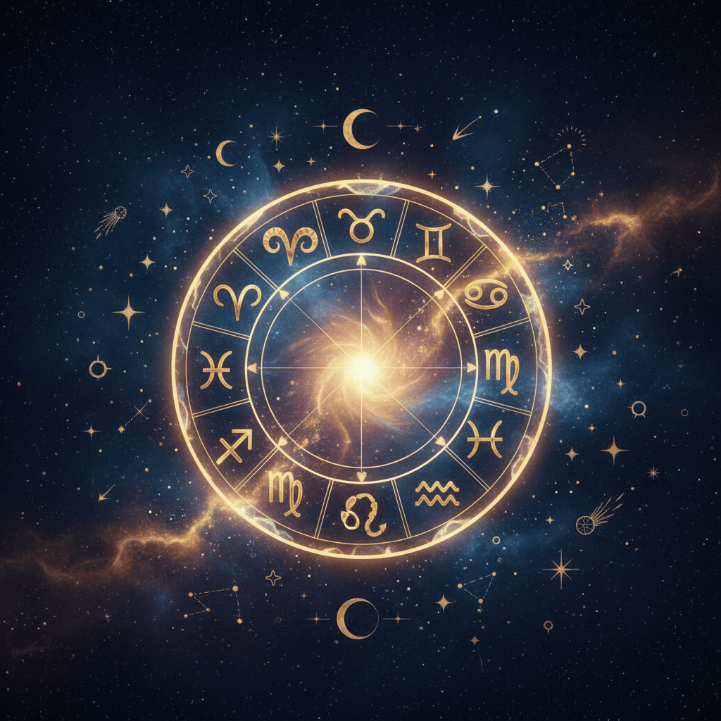 Cosmic zodiac wheel with twelve zodiac signs for daily horoscope predictions