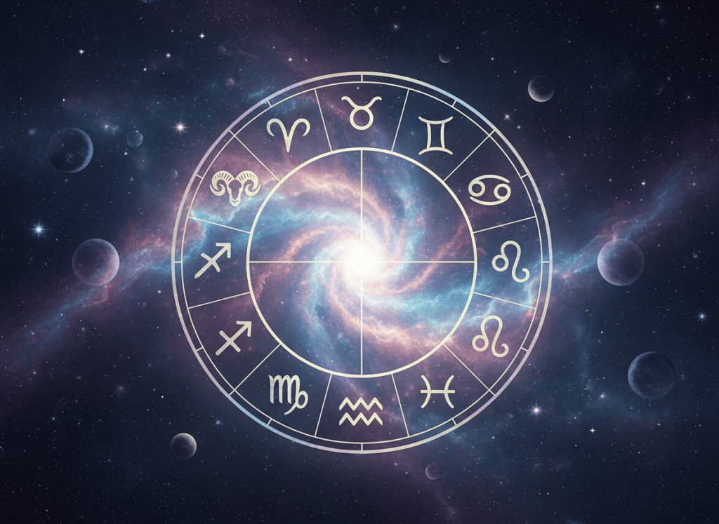 Cosmic zodiac wheel representing the twelve zodiac signs