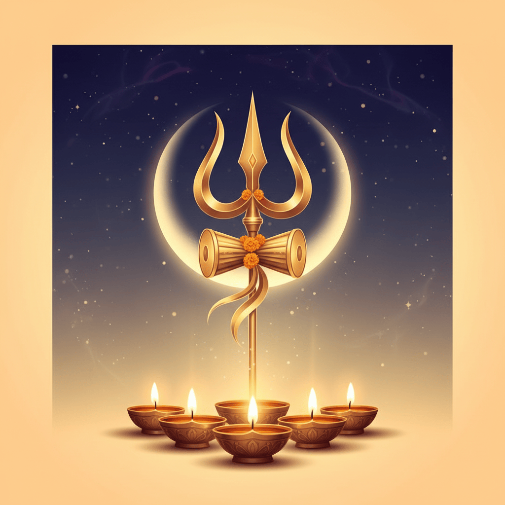 Peaceful diya and crescent moon Guru Pradosh morning devotional artwork