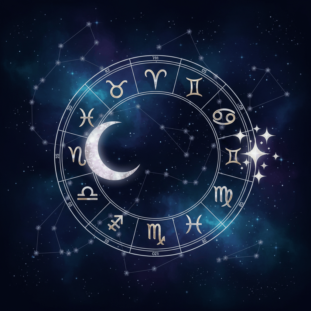 Luminous twelve-sign zodiac wheel on a cosmic background