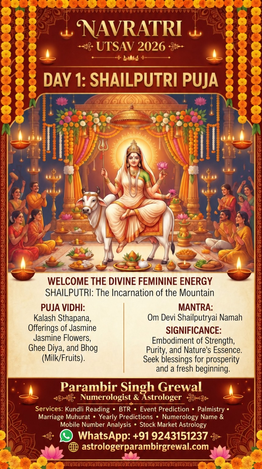Navratri Day 1 Shailputri Puja devotional poster with puja vidhi, mantra, and Parambir Singh Grewal contact details