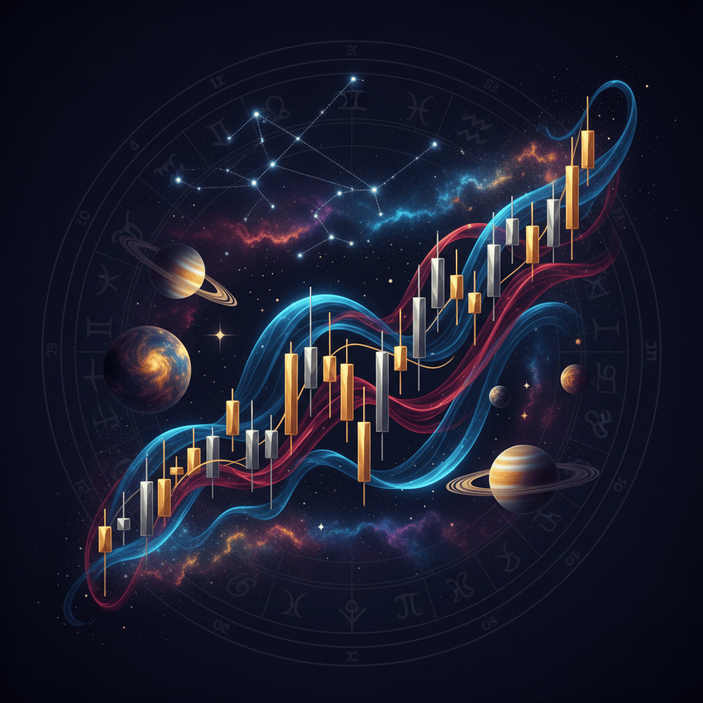 Cosmic stock market astrology illustration with candlestick charts and planets