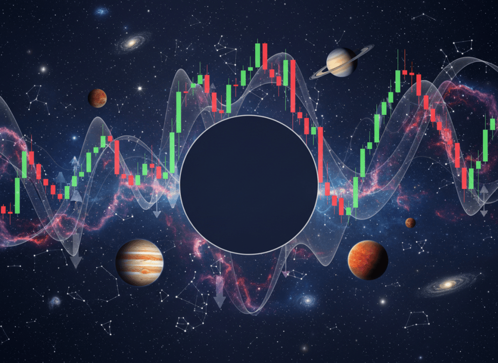 Cosmic financial astrology illustration with stock market chart and planets