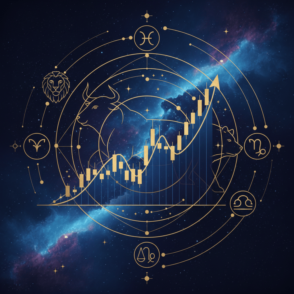 Cosmic stock market astrology artwork with candlestick charts, planets and zodiac motifs for 7 October 2026.