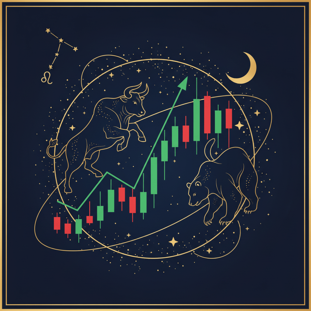 Financial astrology cosmic illustration for 8 October 2026 market brief