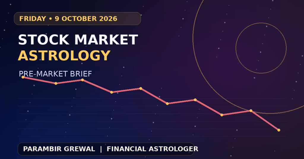 Cosmic themed stock market graphic with a downward market line, titled Stock Market Astrology Pre-Market Brief for Friday 9 October 2026